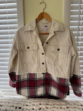 SO Cream and Red Plaid Cropped Jacket
